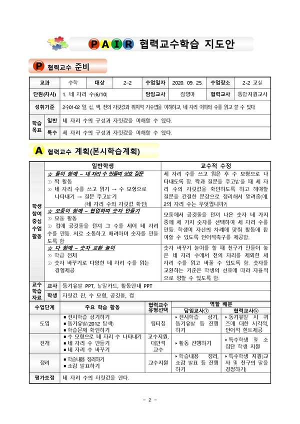 협력교수학습 지도안 일부 예시