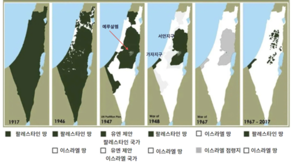 팔레스타인과 이스라엘 영토 변화/현장언론 민플러스 제공