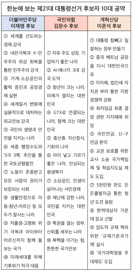 제21대 대통령선거 후보자 10대 공약 (표 / 서주원 기자)